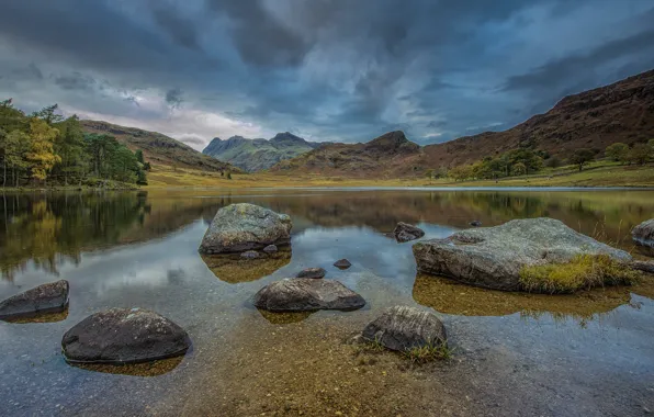 Mountains, lake, stones, England, Blea Tarn