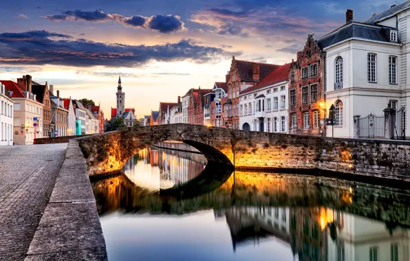 The city, river, the evening, Belgium, street, Belgium, Bruges, Bruges