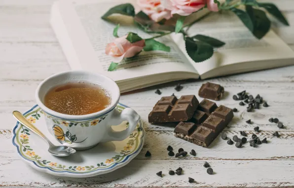 Flowers, tea, chocolate, roses, spoon, Cup, book