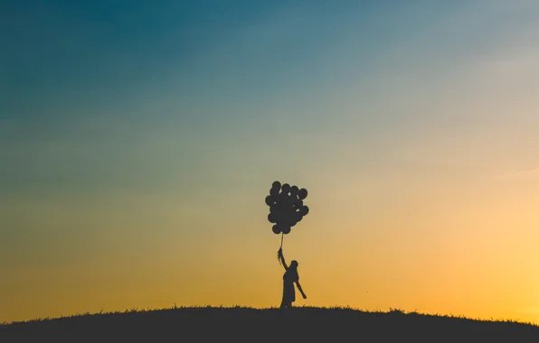 Picture field, the sky, grass, girl, balls, sunset, air, dress.