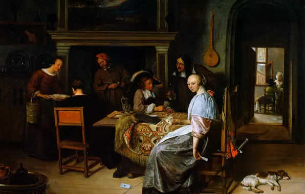 Table, people, chairs, dog, picture, dishes, tablecloth, dog