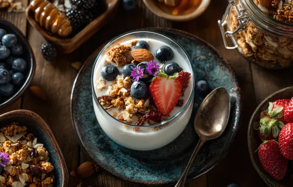 Glass, berries, table, Board, Breakfast, milk, blueberries, strawberry