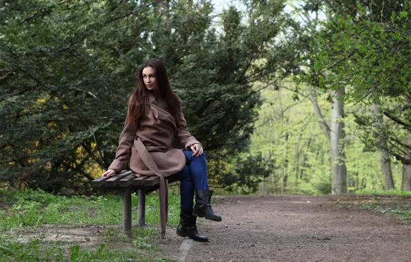 Forest, sky, hot girl, trees, nature, Mila, coat, bench