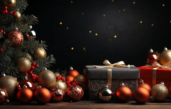 Balls, branches, berries, the dark background, Board, Shine, fruit, Christmas