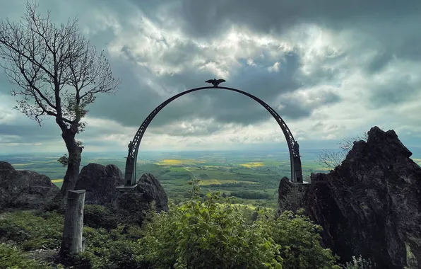 The sky, clouds, tree, overcast, rocks, view, dal, arch