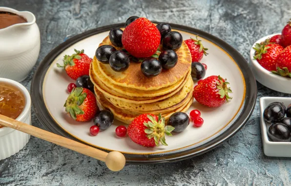 Picture berries, strawberry, grapes, pancake