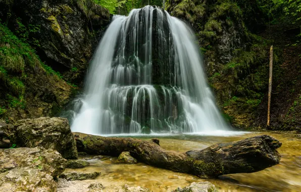 Cascade, landscape, rocks, snag, stream, greens, water, pond