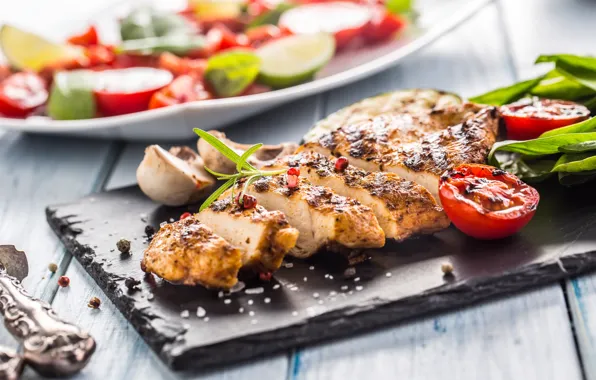 Meat, tomatoes, spices, lettuce, fillet, grill
