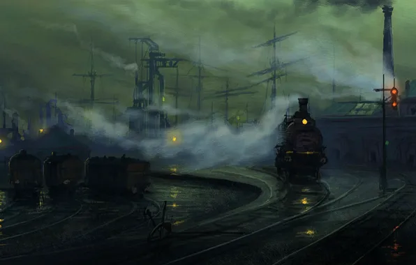 The way, lights, rails, the engine, the evening, art, by Raphael Lacoste, industrial Landscape study