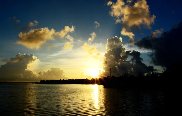 The sky, clouds, sunset, river, shore