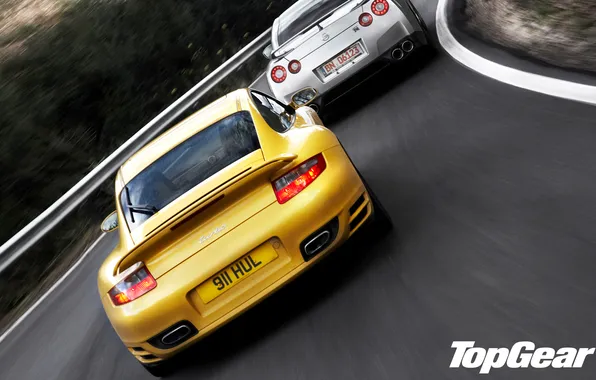 Picture road, yellow, 911, Porsche, silver, turn, nissan, GTR