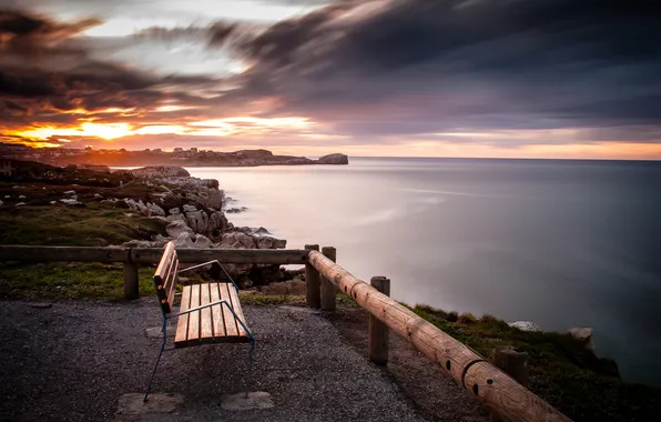 Picture sea, sunset, bench, view, the evening, shop, logs