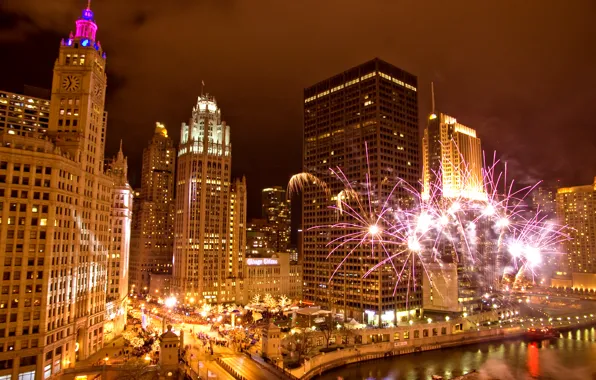 Road, night, bridge, the city, holiday, Chicago, fireworks, Illinois