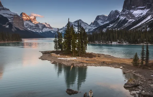 Picture trees, landscape, mountains, nature, lake, stones, shore, boat