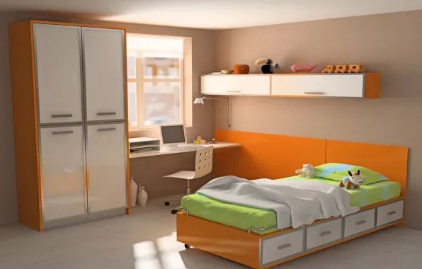 Picture computer, orange, design, style, table, room, toys, bed