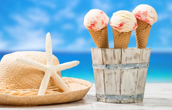 Picture hat, ice cream, starfish, bucket