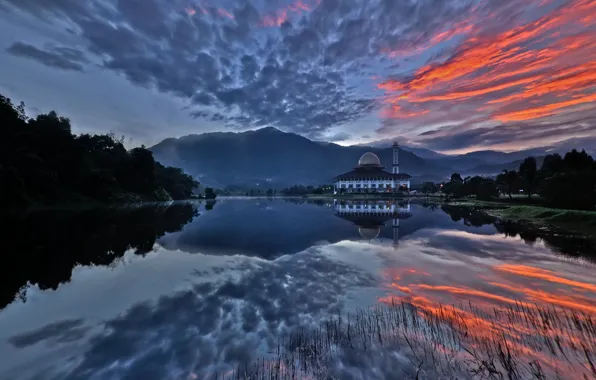 Picture forest, sunset, clouds, lake, the building, tower, the dome