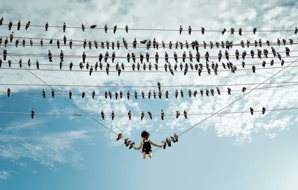 The sky, dream, clouds, birds, rendering, fantasy, swing, wire