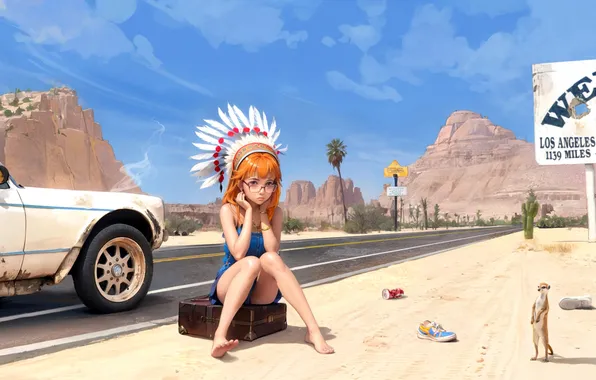 Picture girl, road, art, rendering, gopher