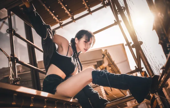Asian, women, denim, sportswear, scaffolding, Sexy Funk Pig