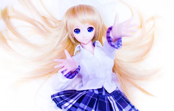 Picture toy, skirt, doll, anime, shirt, long hair, white background