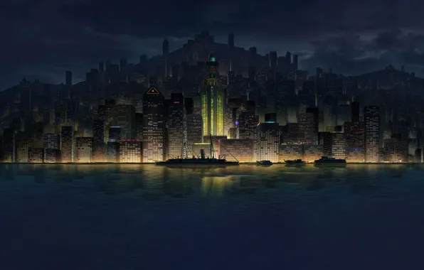 Water, Sea, Night, The city, Ship, Skyscrapers, The ship, Landscape