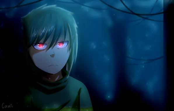 Picture red eyes, dark forest, in the dark, evil eye, damn place, face, Undertale, Chara