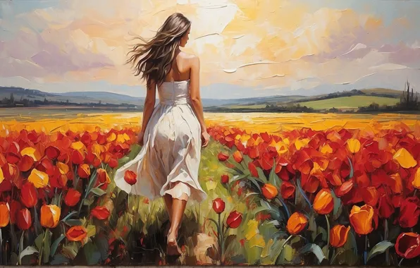 Field, girl, flowers