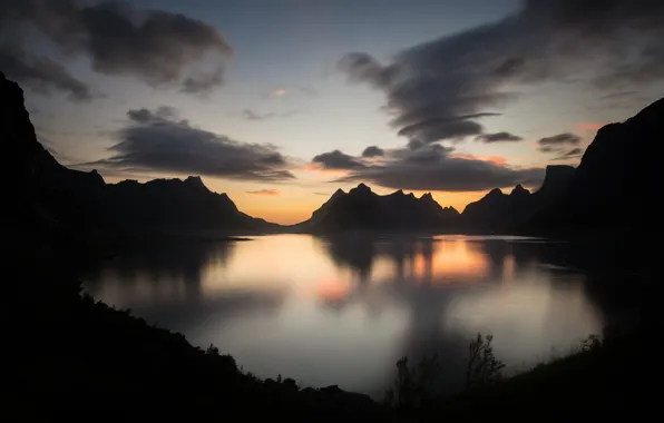 Sea, clouds, sunset, mountains, Norway