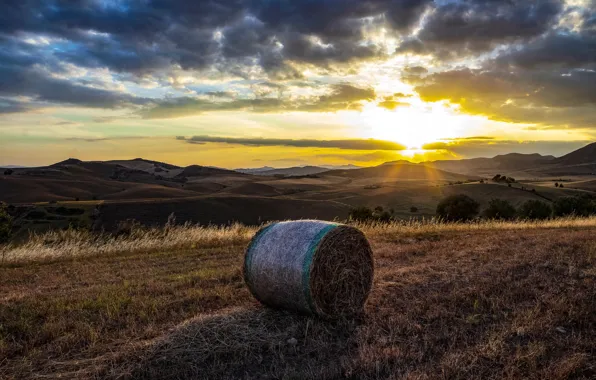 Sunset, hills, hay