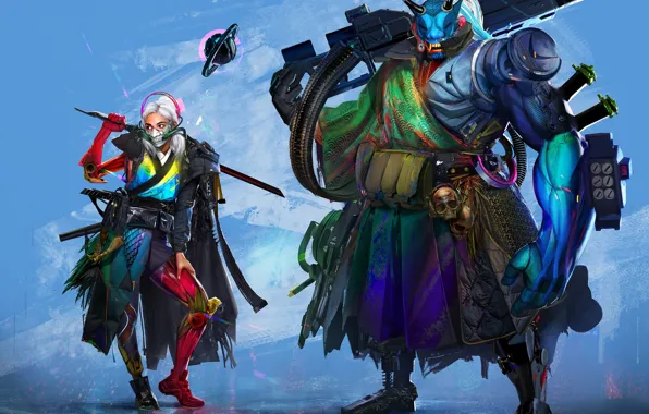 Girl, weapons, fiction, sword, mask, cyborg, samurai, shinobi