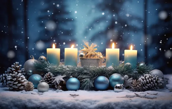 Winter, snow, decoration, night, balls, tree, candles, New Year