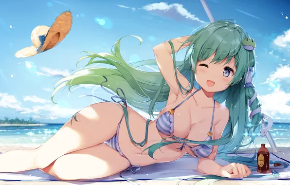Picture girl, sexy, beach, long hair, sea, boobs, anime, beautiful