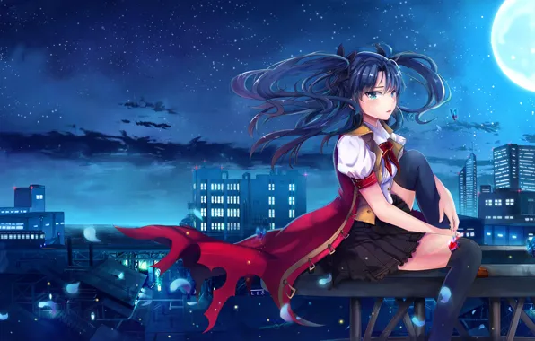 Picture the sky, girl, stars, night, the city, the moon, home, anime