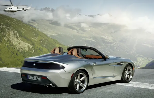 Picture the sky, clouds, mountains, Roadster, silver, BMW, BMW, helicopter