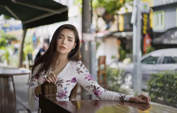 Summer, look, girl, face, the city, table, hair