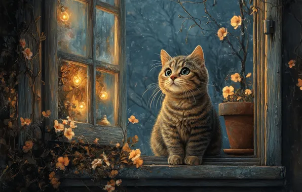 Cat, look, flowers, night, lights, pose, kitty, window