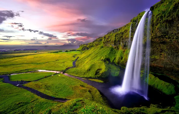 Greens, rocks, waterfall, Iceland, Seljalandsfoss