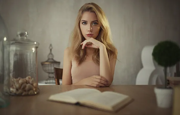 Model, Reading, Looking At Camera, Ksenia Kokoreva, At The Table