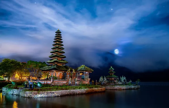 Landscape, night, lake, the moon, Bali, Indonesia, temple, Pura Ulun Danu
