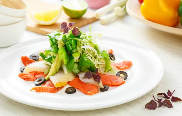 Picture fish, vegetables, olives, salad, salmon