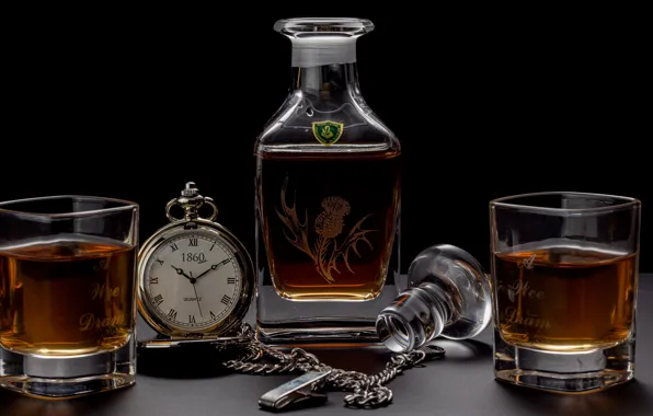 Glass, table, watch, bottle, glasses, alcohol, glasses, drink