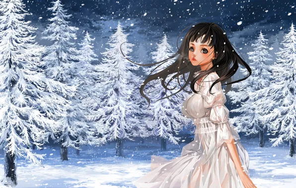 Winter, girl, snow, nature, tree, anime, art, couples