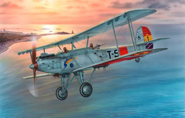 The plane, war, art, artist, bomber, single-engine, biplane, Spain