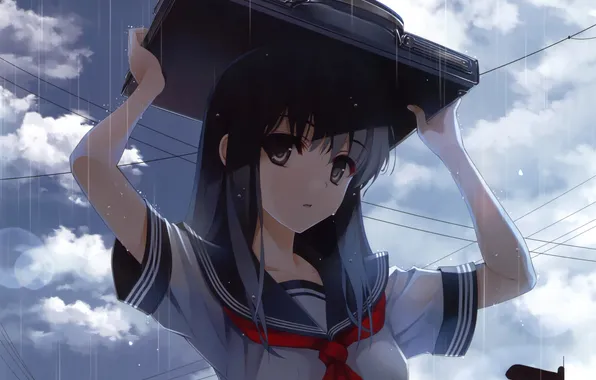 The sky, girl, clouds, rain, posts, wire, anime, art