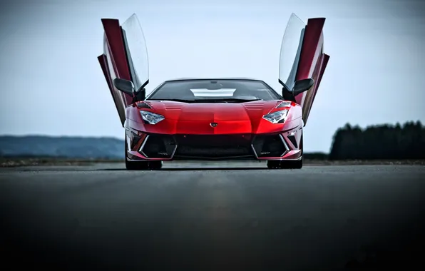 Road, the sky, red, reflection, red, lamborghini, the front, aventador