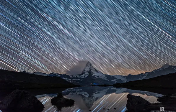Stars, snow, night, lake, mountain, excerpt