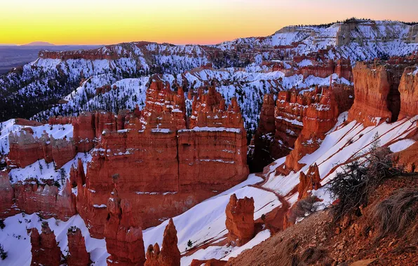 Snow, sunset, rocks, canyon, Bryce canyon, Utah