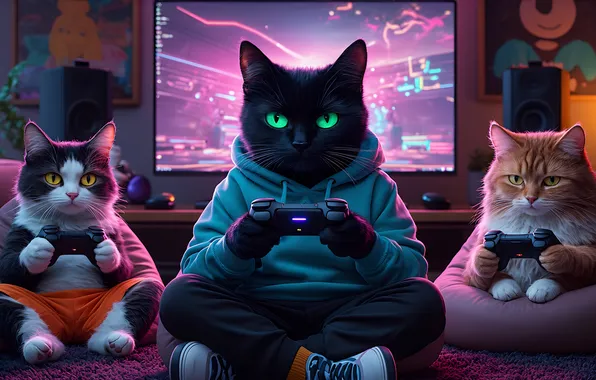 Game, cats, gamers, joysticks, gamblers