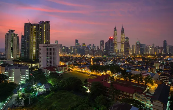The sky, trees, sunset, lights, home, the evening, Malaysia, Kuala Lumpur
